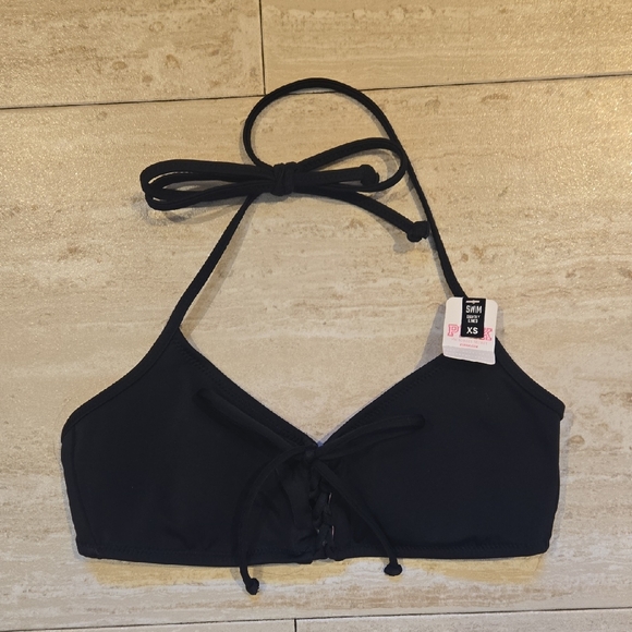 Victoria's Secret Other - NWT PINK Victoria's Secret Black Tie Front Halter Bikini Top